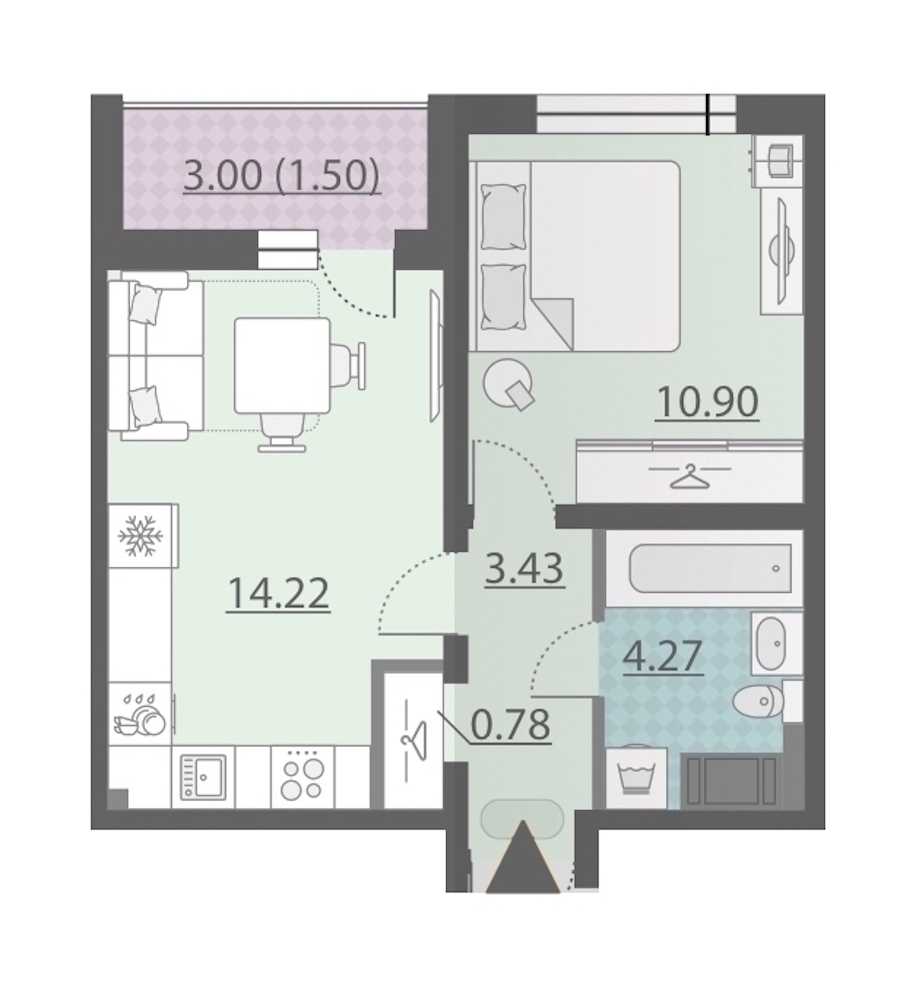 Однокомнатная квартира в : площадь 35.1 м2 , этаж: 2 – купить в Санкт-Петербурге